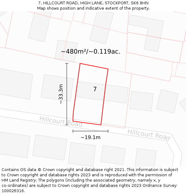 7, HILLCOURT ROAD, HIGH LANE, STOCKPORT, SK6 8HN: Plot and title map