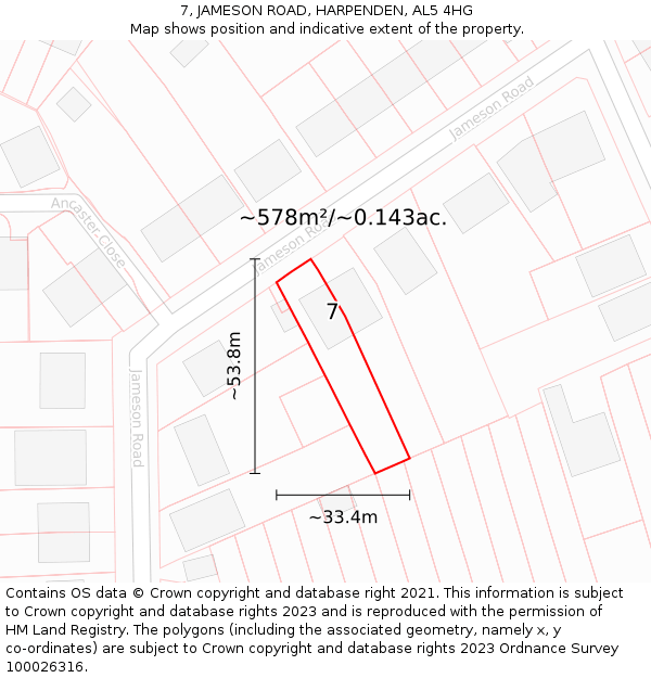 7, JAMESON ROAD, HARPENDEN, AL5 4HG: Plot and title map