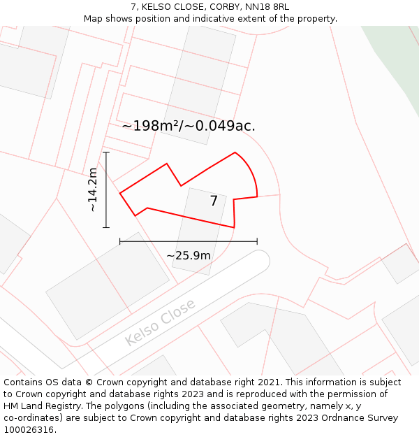 7, KELSO CLOSE, CORBY, NN18 8RL: Plot and title map