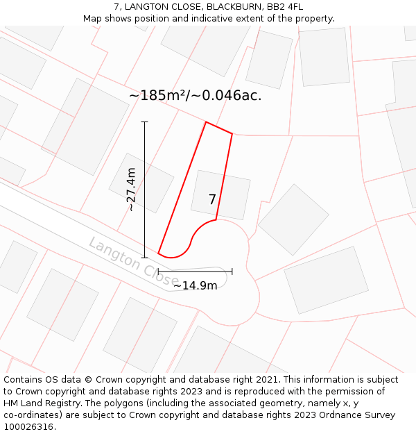 7, LANGTON CLOSE, BLACKBURN, BB2 4FL: Plot and title map