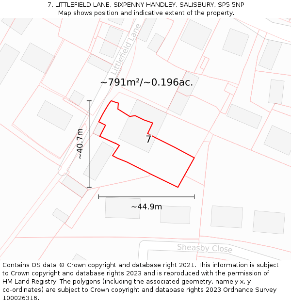 7, LITTLEFIELD LANE, SIXPENNY HANDLEY, SALISBURY, SP5 5NP: Plot and title map