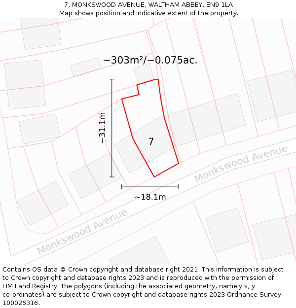 7, MONKSWOOD AVENUE, WALTHAM ABBEY, EN9 1LA: Plot and title map