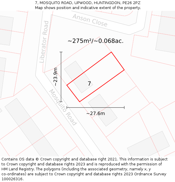 7, MOSQUITO ROAD, UPWOOD, HUNTINGDON, PE26 2PZ: Plot and title map