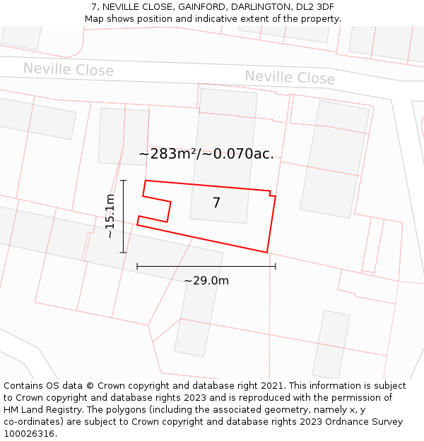 7, NEVILLE CLOSE, GAINFORD, DARLINGTON, DL2 3DF: Plot and title map