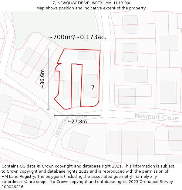 7, NEWQUAY DRIVE, WREXHAM, LL13 0JX: Plot and title map