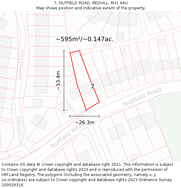 7, NUTFIELD ROAD, REDHILL, RH1 4AU: Plot and title map