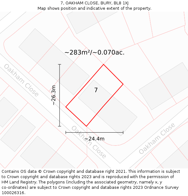 7, OAKHAM CLOSE, BURY, BL8 1XJ: Plot and title map