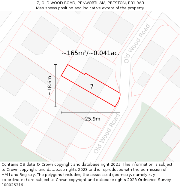 7, OLD WOOD ROAD, PENWORTHAM, PRESTON, PR1 9AR: Plot and title map