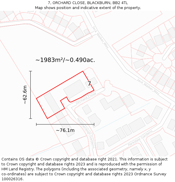 7, ORCHARD CLOSE, BLACKBURN, BB2 4TL: Plot and title map