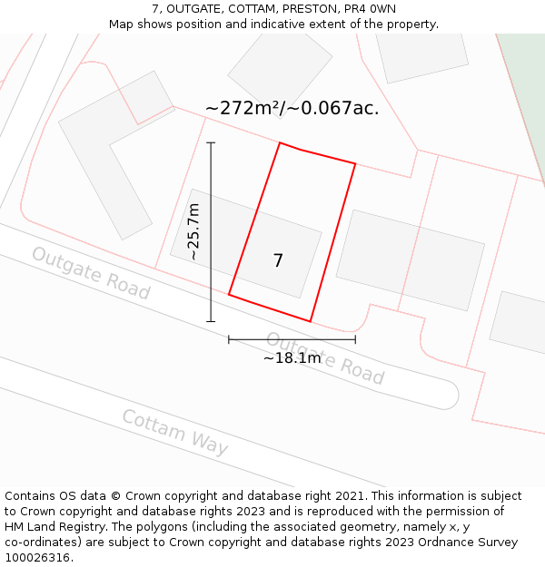 7, OUTGATE, COTTAM, PRESTON, PR4 0WN: Plot and title map