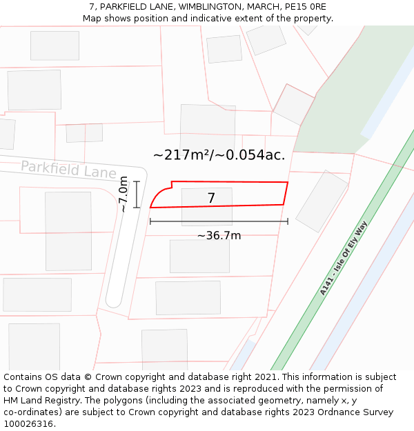 7, PARKFIELD LANE, WIMBLINGTON, MARCH, PE15 0RE: Plot and title map