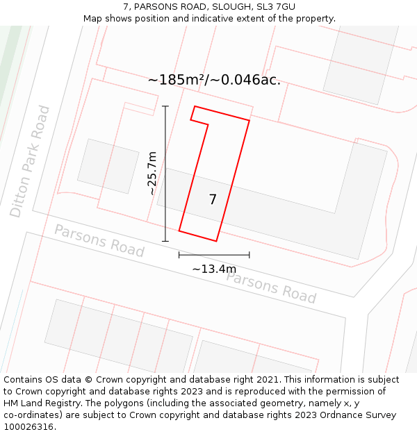 7, PARSONS ROAD, SLOUGH, SL3 7GU: Plot and title map