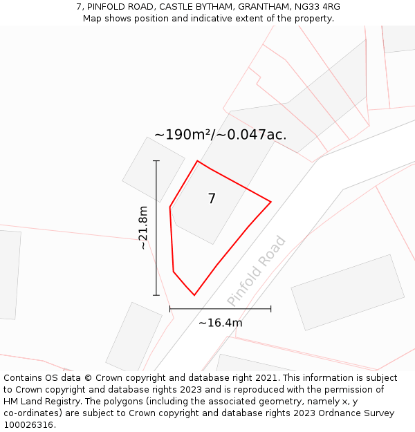 7, PINFOLD ROAD, CASTLE BYTHAM, GRANTHAM, NG33 4RG: Plot and title map