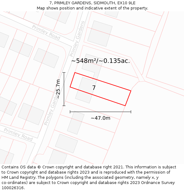 7, PRIMLEY GARDENS, SIDMOUTH, EX10 9LE: Plot and title map