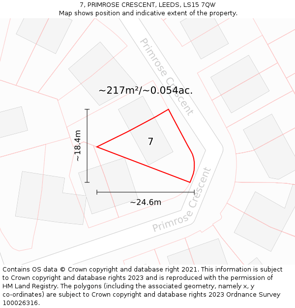 7, PRIMROSE CRESCENT, LEEDS, LS15 7QW: Plot and title map