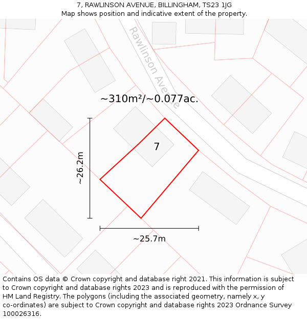 7, RAWLINSON AVENUE, BILLINGHAM, TS23 1JG: Plot and title map