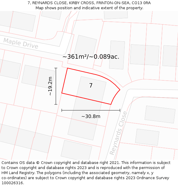 7, REYNARDS CLOSE, KIRBY CROSS, FRINTON-ON-SEA, CO13 0RA: Plot and title map