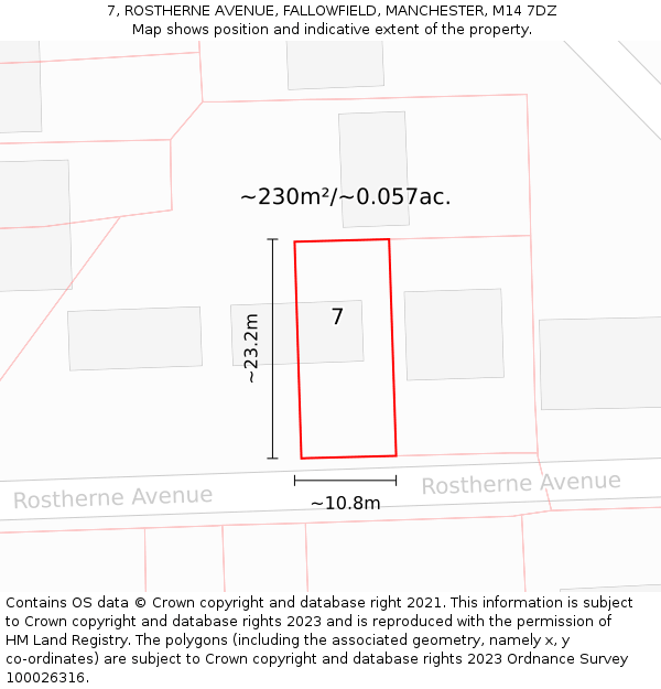 7, ROSTHERNE AVENUE, FALLOWFIELD, MANCHESTER, M14 7DZ: Plot and title map