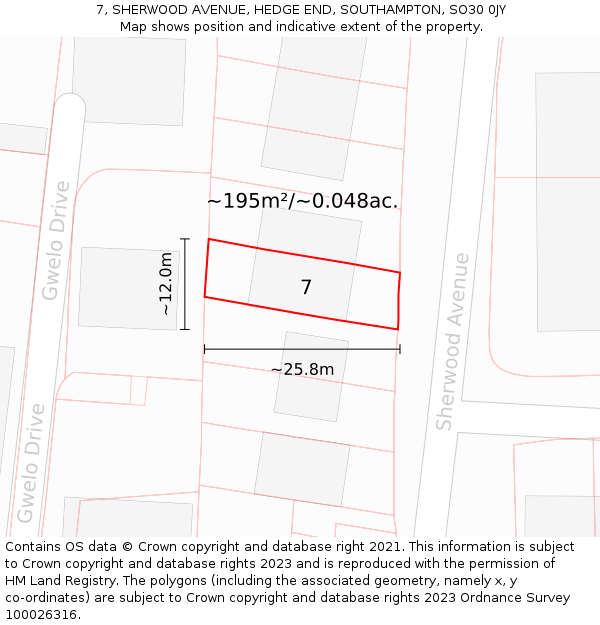 7, SHERWOOD AVENUE, HEDGE END, SOUTHAMPTON, SO30 0JY: Plot and title map