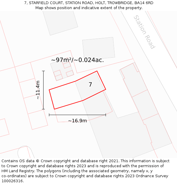 7, STARFIELD COURT, STATION ROAD, HOLT, TROWBRIDGE, BA14 6RD: Plot and title map