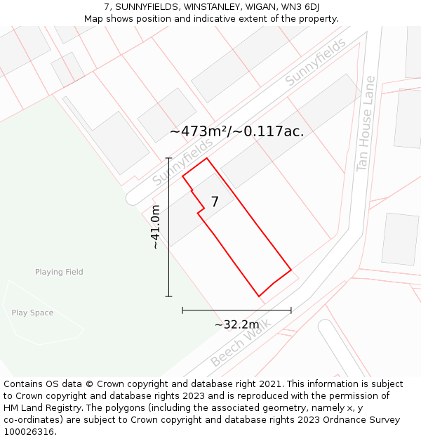 7, SUNNYFIELDS, WINSTANLEY, WIGAN, WN3 6DJ: Plot and title map