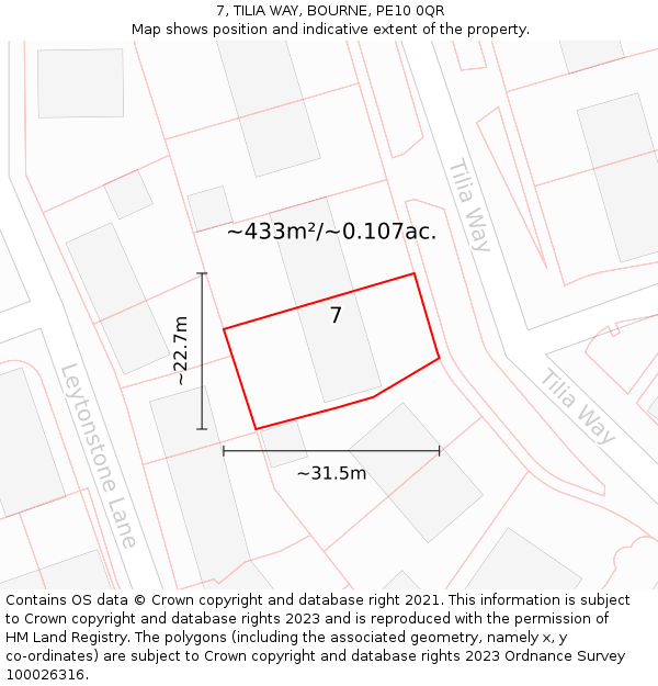 7, TILIA WAY, BOURNE, PE10 0QR: Plot and title map