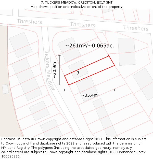 7, TUCKERS MEADOW, CREDITON, EX17 3NT: Plot and title map