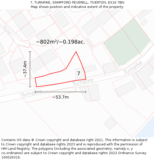 7, TURNPIKE, SAMPFORD PEVERELL, TIVERTON, EX16 7BN: Plot and title map