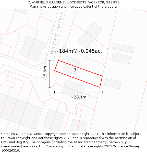 7, WHITFIELD GARDENS, WOODSETTS, WORKSOP, S81 8SS: Plot and title map