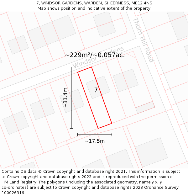 7, WINDSOR GARDENS, WARDEN, SHEERNESS, ME12 4NS: Plot and title map