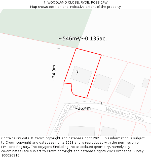 7, WOODLAND CLOSE, RYDE, PO33 1PW: Plot and title map
