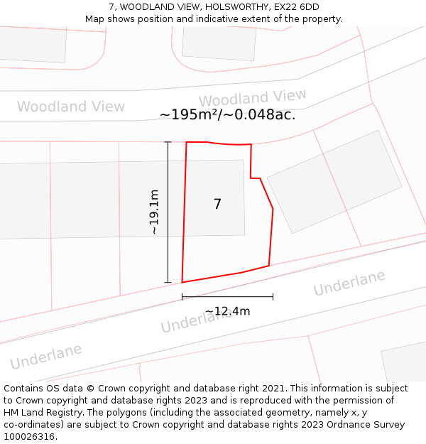 7, WOODLAND VIEW, HOLSWORTHY, EX22 6DD: Plot and title map