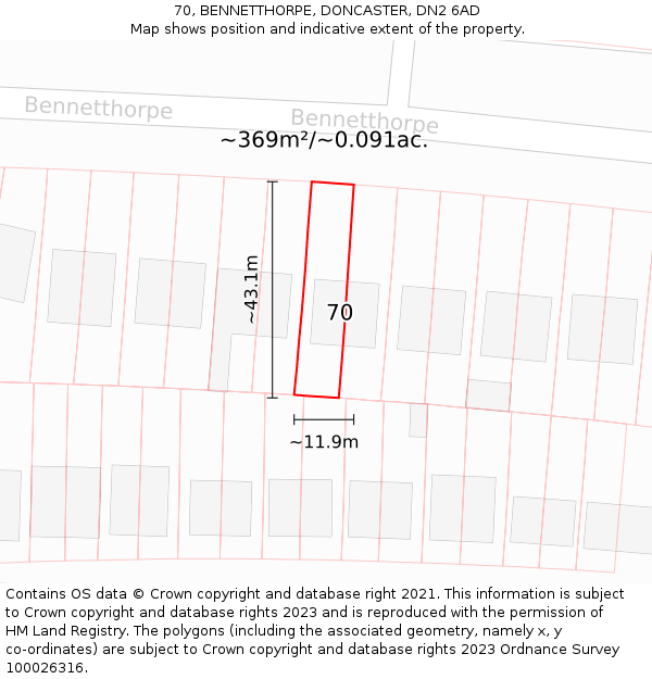 70, BENNETTHORPE, DONCASTER, DN2 6AD: Plot and title map