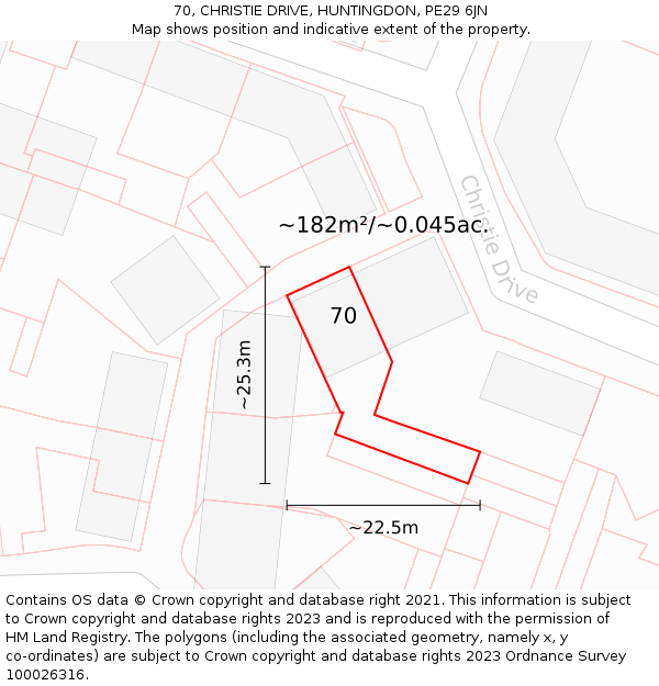 70, CHRISTIE DRIVE, HUNTINGDON, PE29 6JN: Plot and title map