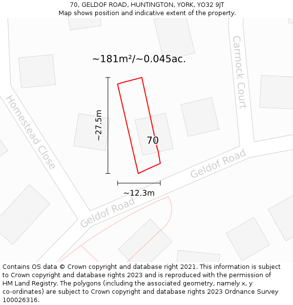 70, GELDOF ROAD, HUNTINGTON, YORK, YO32 9JT: Plot and title map