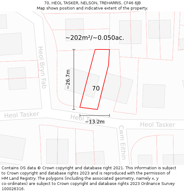 70, HEOL TASKER, NELSON, TREHARRIS, CF46 6JB: Plot and title map