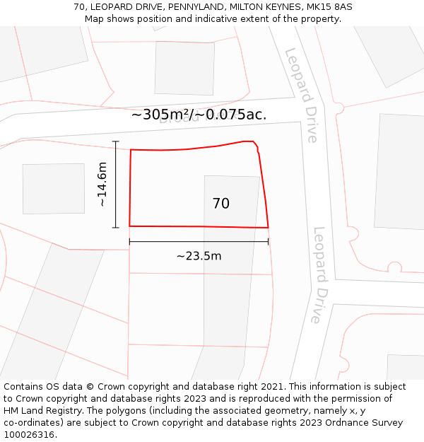 70, LEOPARD DRIVE, PENNYLAND, MILTON KEYNES, MK15 8AS: Plot and title map