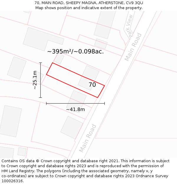 70, MAIN ROAD, SHEEPY MAGNA, ATHERSTONE, CV9 3QU: Plot and title map