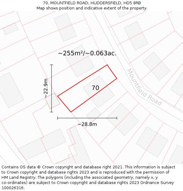 70, MOUNTFIELD ROAD, HUDDERSFIELD, HD5 8RB: Plot and title map