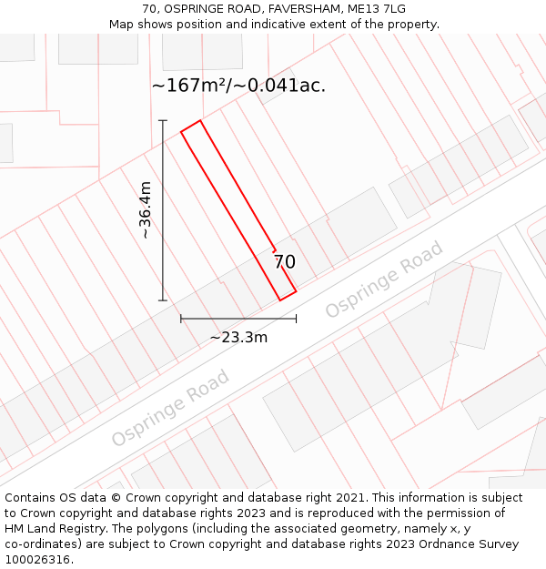 70, OSPRINGE ROAD, FAVERSHAM, ME13 7LG: Plot and title map