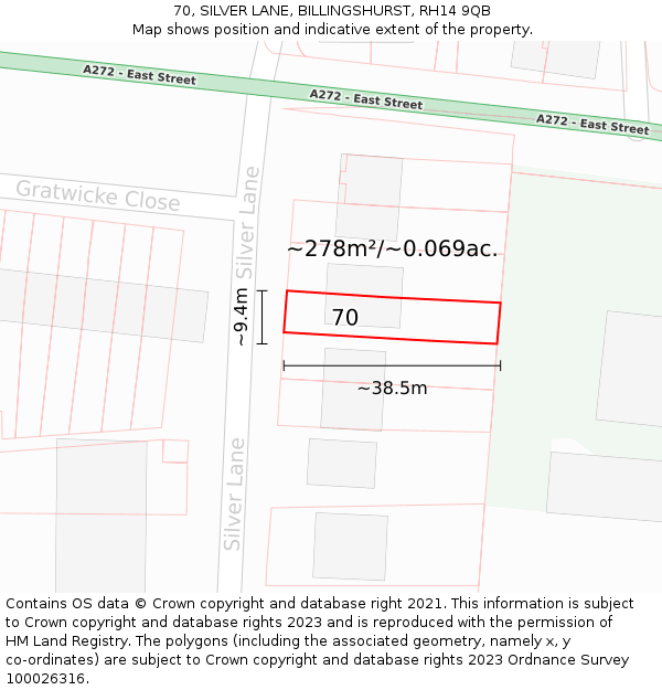 70, SILVER LANE, BILLINGSHURST, RH14 9QB: Plot and title map