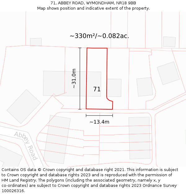 71, ABBEY ROAD, WYMONDHAM, NR18 9BB: Plot and title map