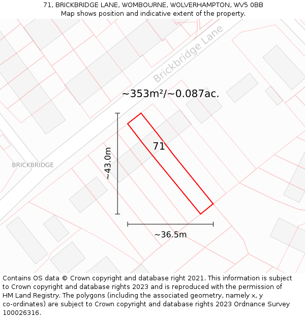 71, BRICKBRIDGE LANE, WOMBOURNE, WOLVERHAMPTON, WV5 0BB: Plot and title map