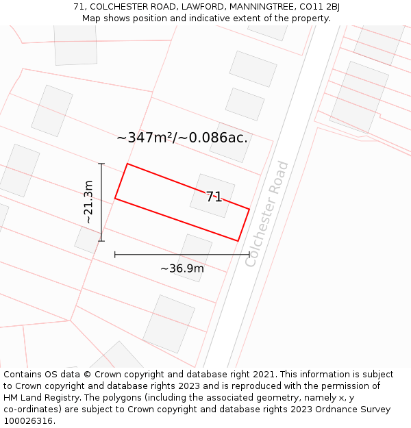 71, COLCHESTER ROAD, LAWFORD, MANNINGTREE, CO11 2BJ: Plot and title map