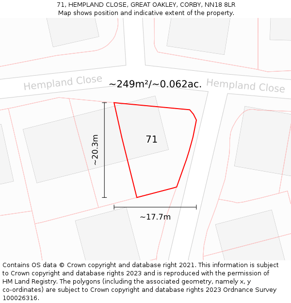 71, HEMPLAND CLOSE, GREAT OAKLEY, CORBY, NN18 8LR: Plot and title map