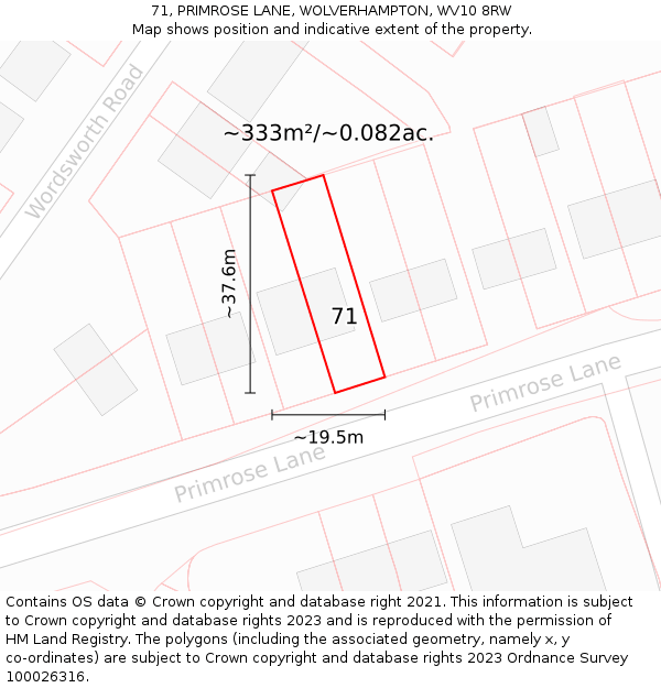 71, PRIMROSE LANE, WOLVERHAMPTON, WV10 8RW: Plot and title map