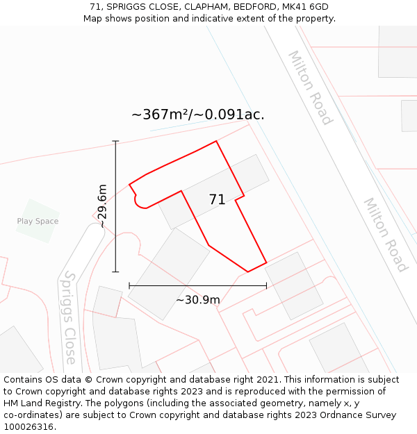 71, SPRIGGS CLOSE, CLAPHAM, BEDFORD, MK41 6GD: Plot and title map