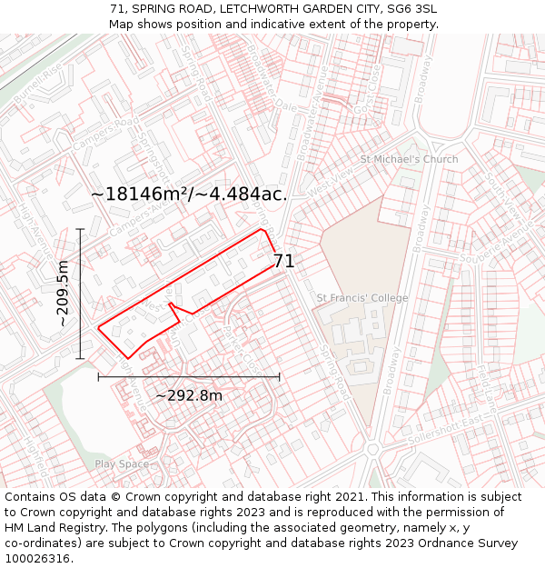 71, SPRING ROAD, LETCHWORTH GARDEN CITY, SG6 3SL: Plot and title map