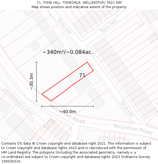 71, TONE HILL, TONEDALE, WELLINGTON, TA21 0AY: Plot and title map