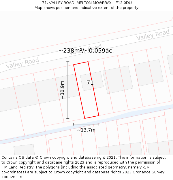 71, VALLEY ROAD, MELTON MOWBRAY, LE13 0DU: Plot and title map